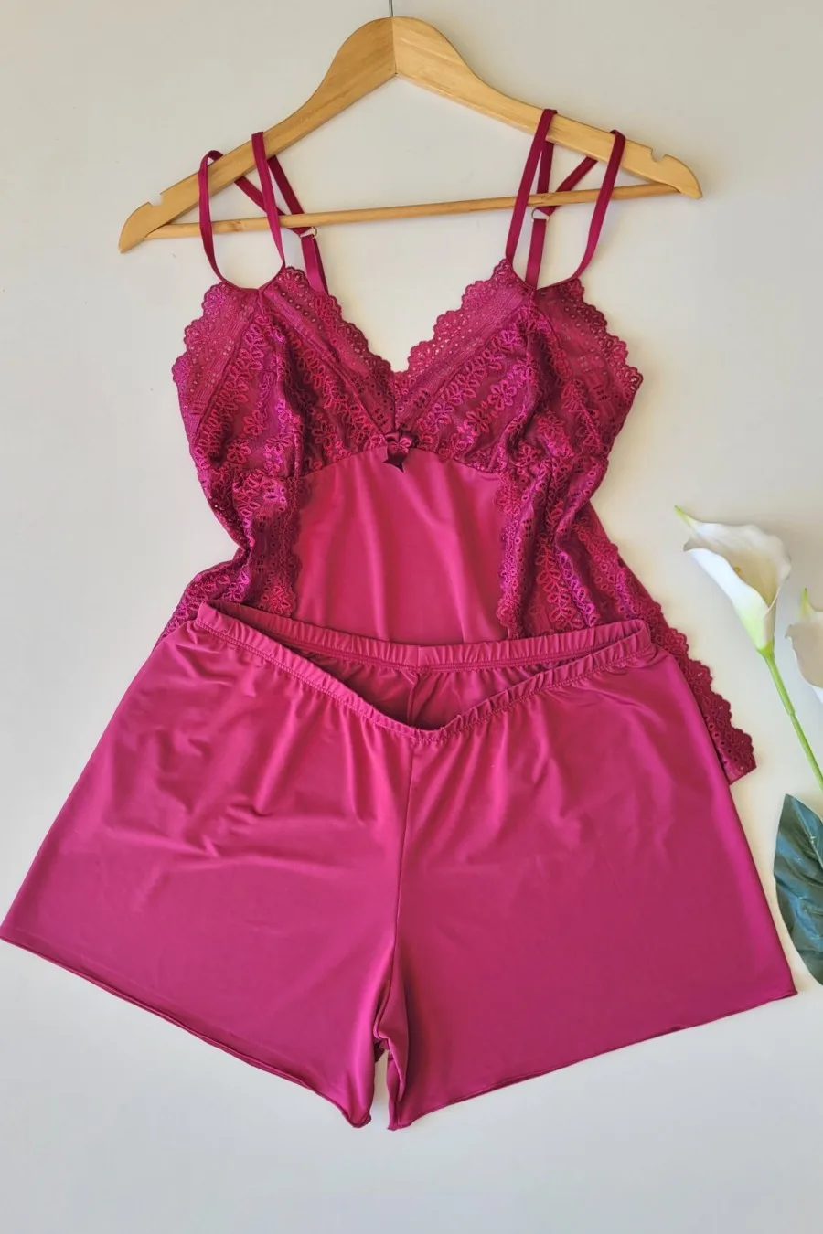 PIJAMA EM LIGANETE E RENDA COM ALÇA DUPLA